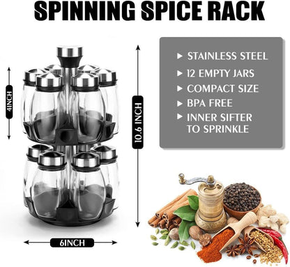 Spinning spice rack with dimensions and features listed, surrounded by spices and herbs.