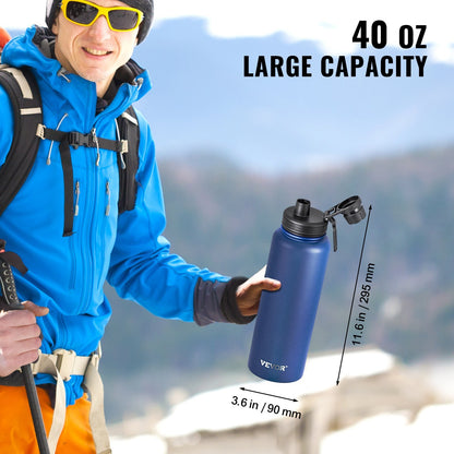 Person in outdoor gear holding a blue water bottle with mountain background