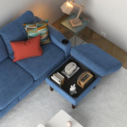 Blue sectional sofa with colorful cushions and a coffee table with storage compartments.