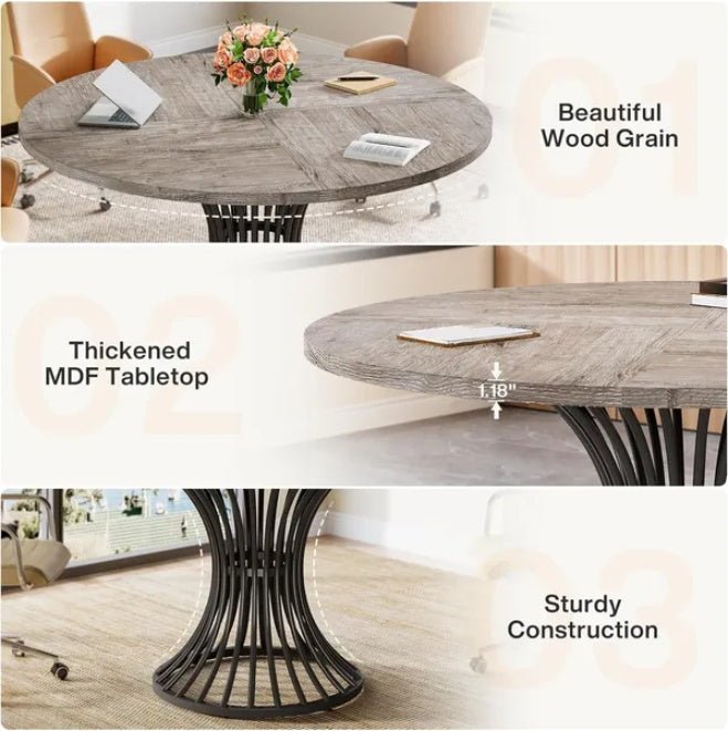 Round wooden table with text highlighting features like wood grain, MDF thickness, and sturdy construction.