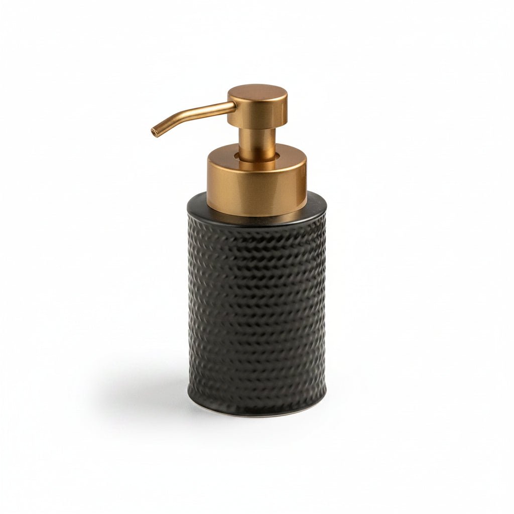 Black woven pattern lotion bottle with gold pump, showing dimensions and weight on a white background.