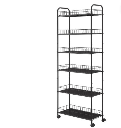 Black metal shelving unit with multiple shelves on a white background