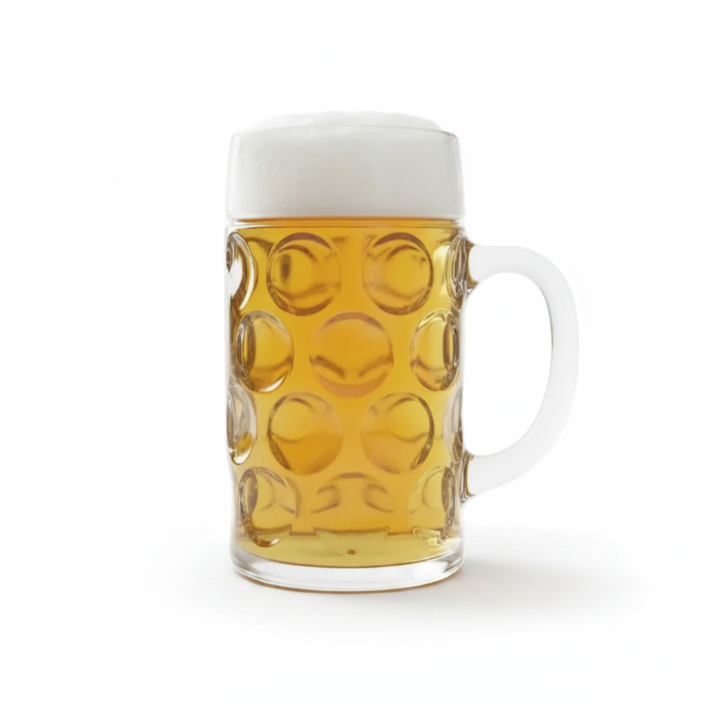 44oz Jumbo Beer Stein Mug | Giant Glass Beer Mug
 filled with beer on a white background