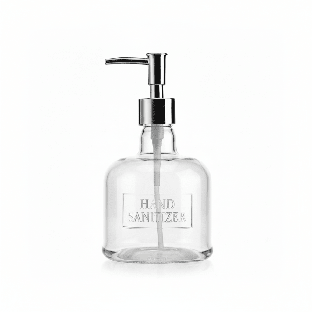 Clear hand sanitizer bottle with pump on a white background