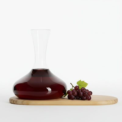 Wine decanter with red wine and grapes on a wooden board against a light background