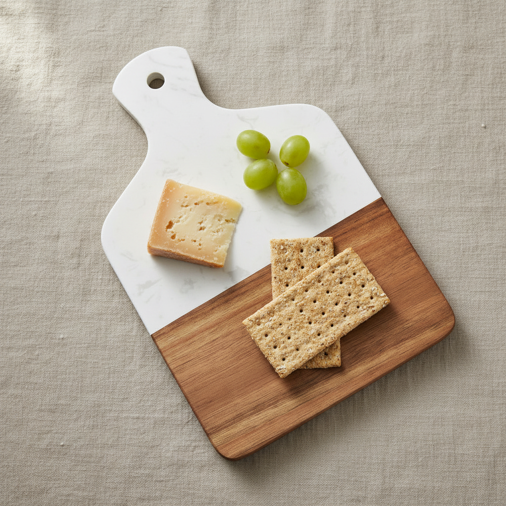 Overhead flat lay - cheese and grapes