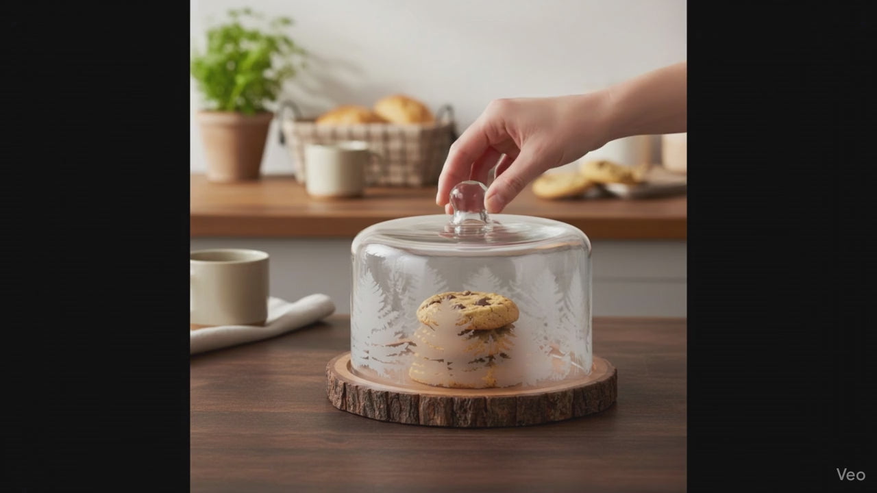 Etched Wooden Cake Stand Glass Dome