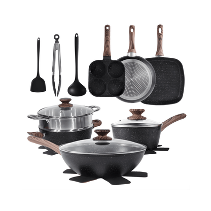 Set of kitchen cookware including pots, pans, and utensils on a white background