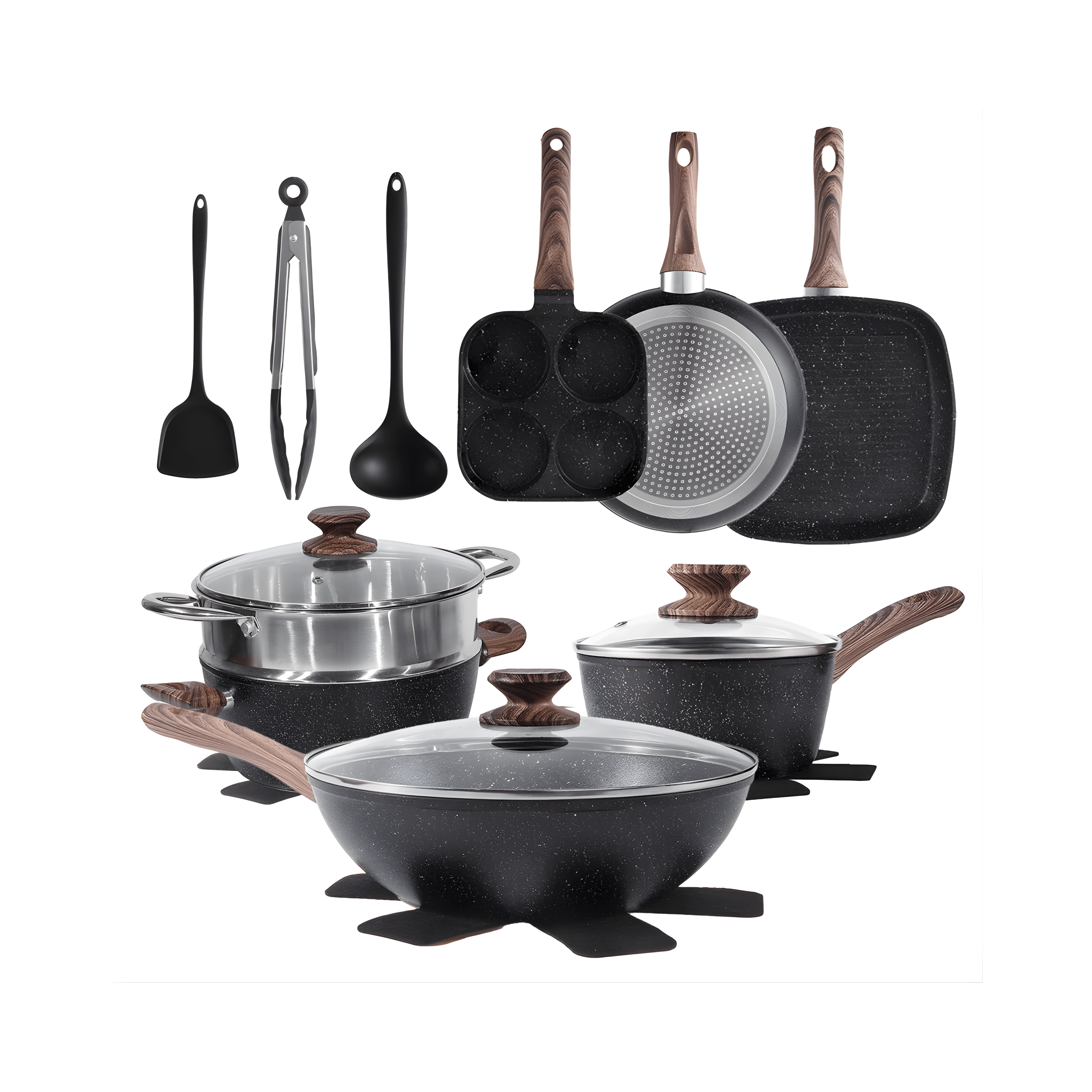 Set of kitchen cookware including pots, pans, and utensils on a white background