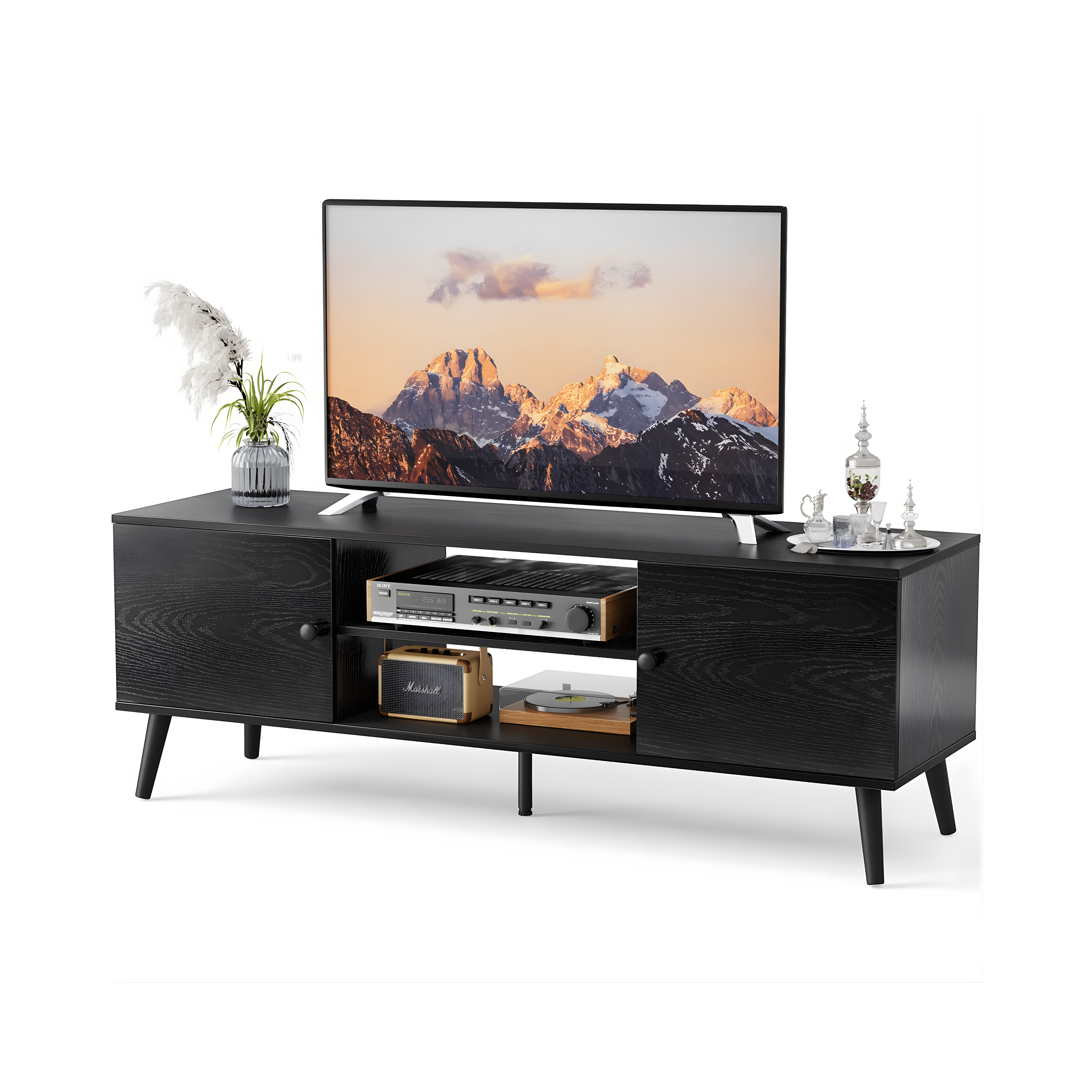 Black TV stand with a television displaying a mountain scene on a white background