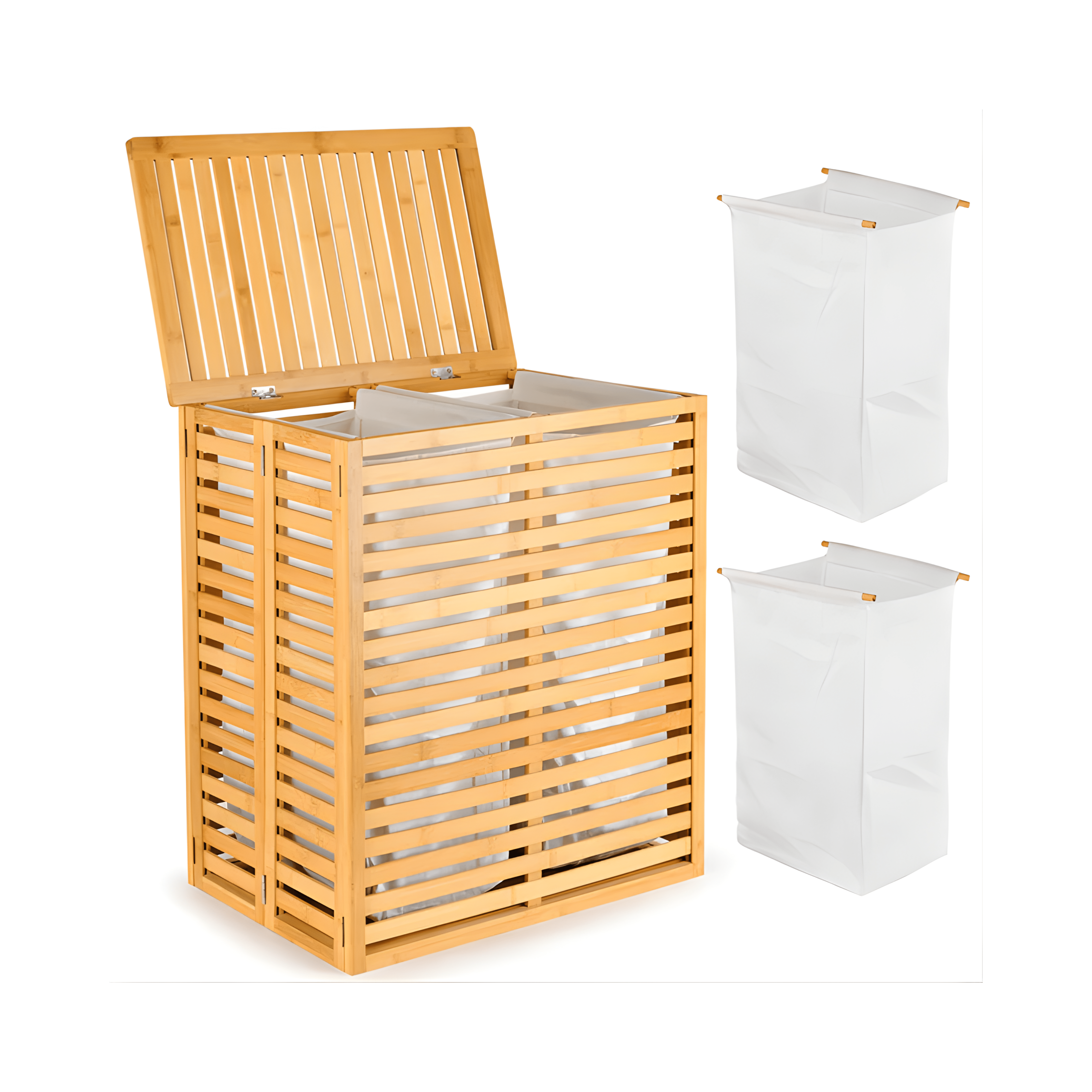 Wooden laundry basket with a white liner on a white background