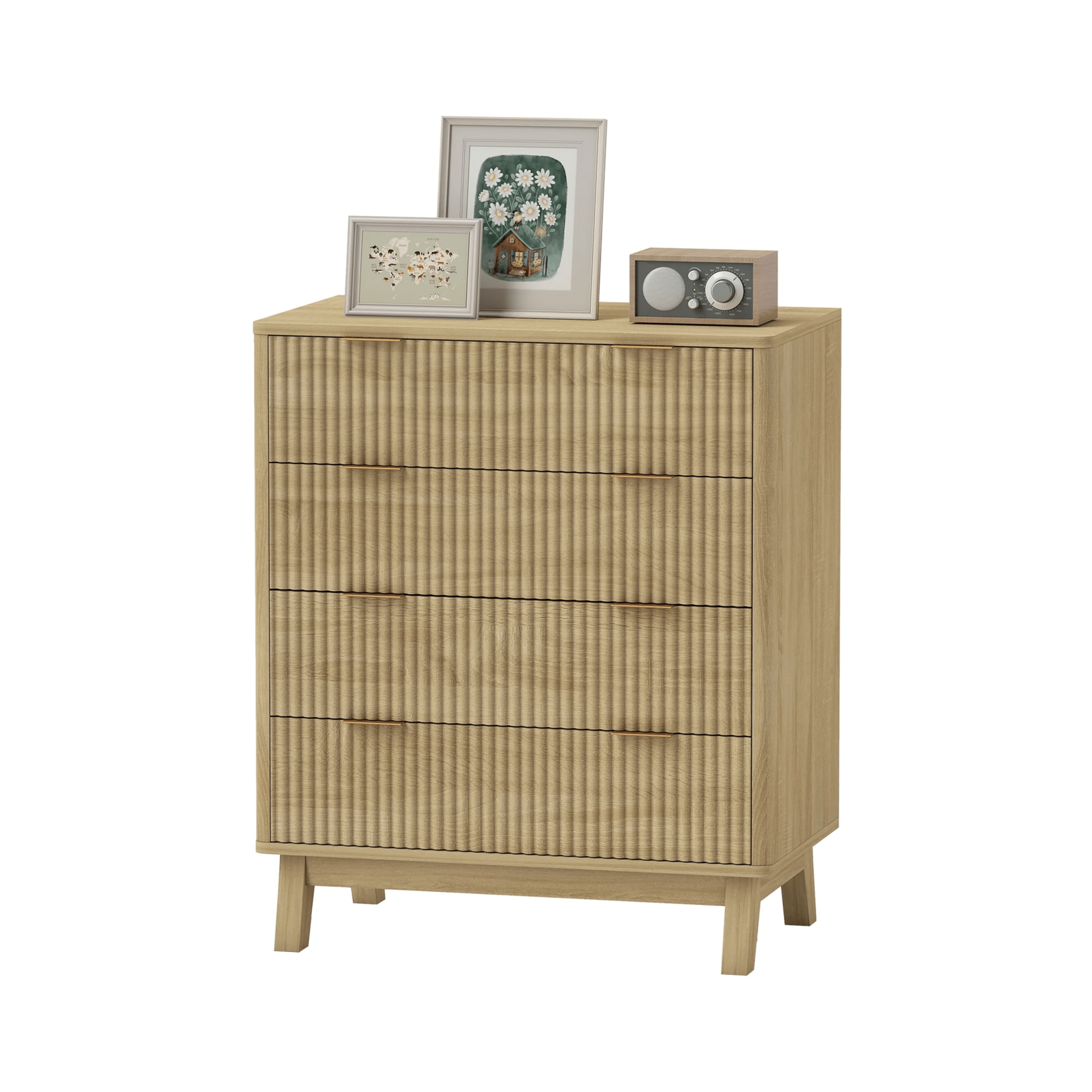 Wooden dresser with three drawers, decorative items on top, on a white background