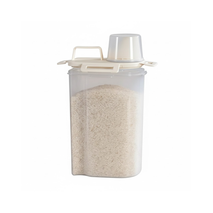 Clear container with a white lid filled with oatmeal on a white background