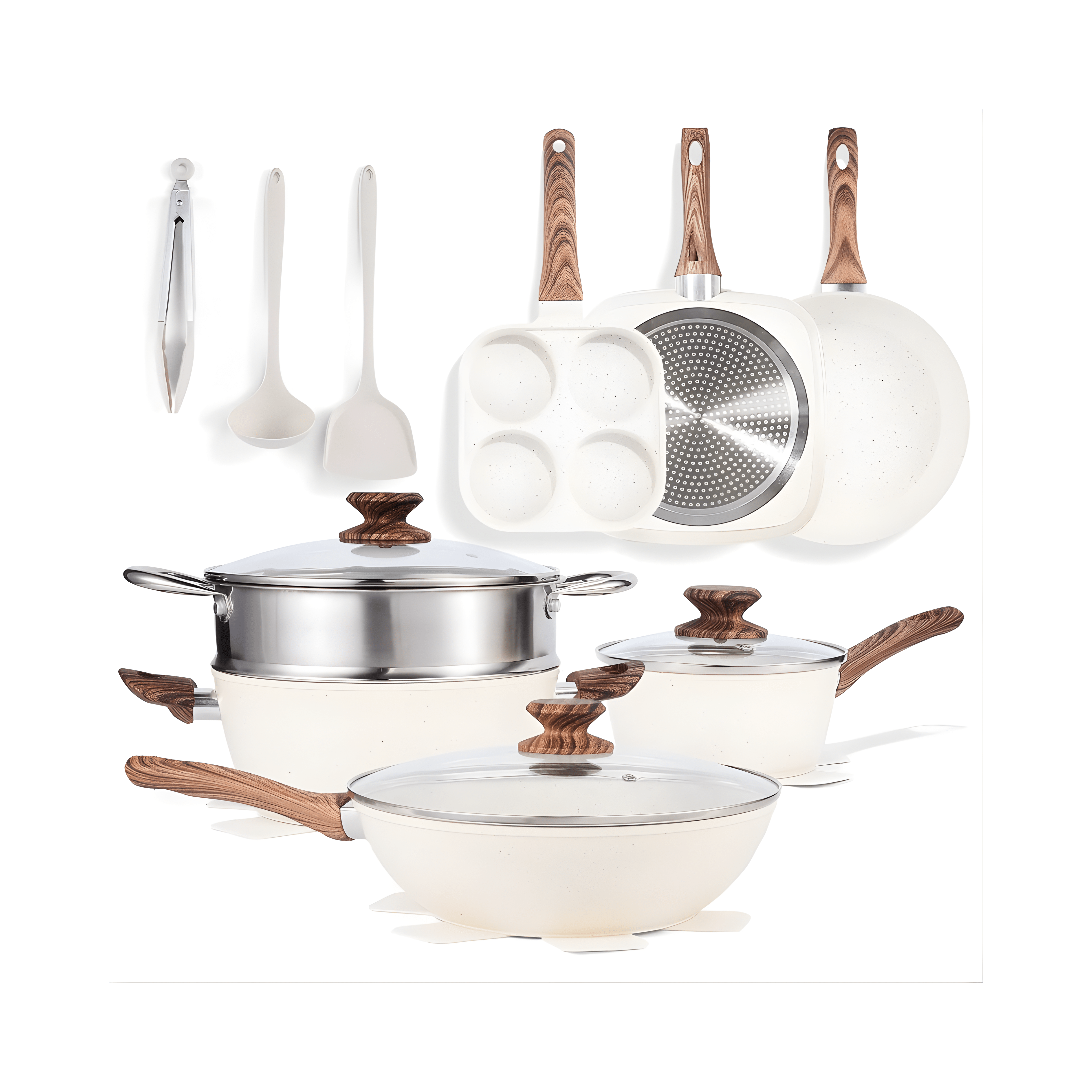 Set of cookware with wooden handles on a white background