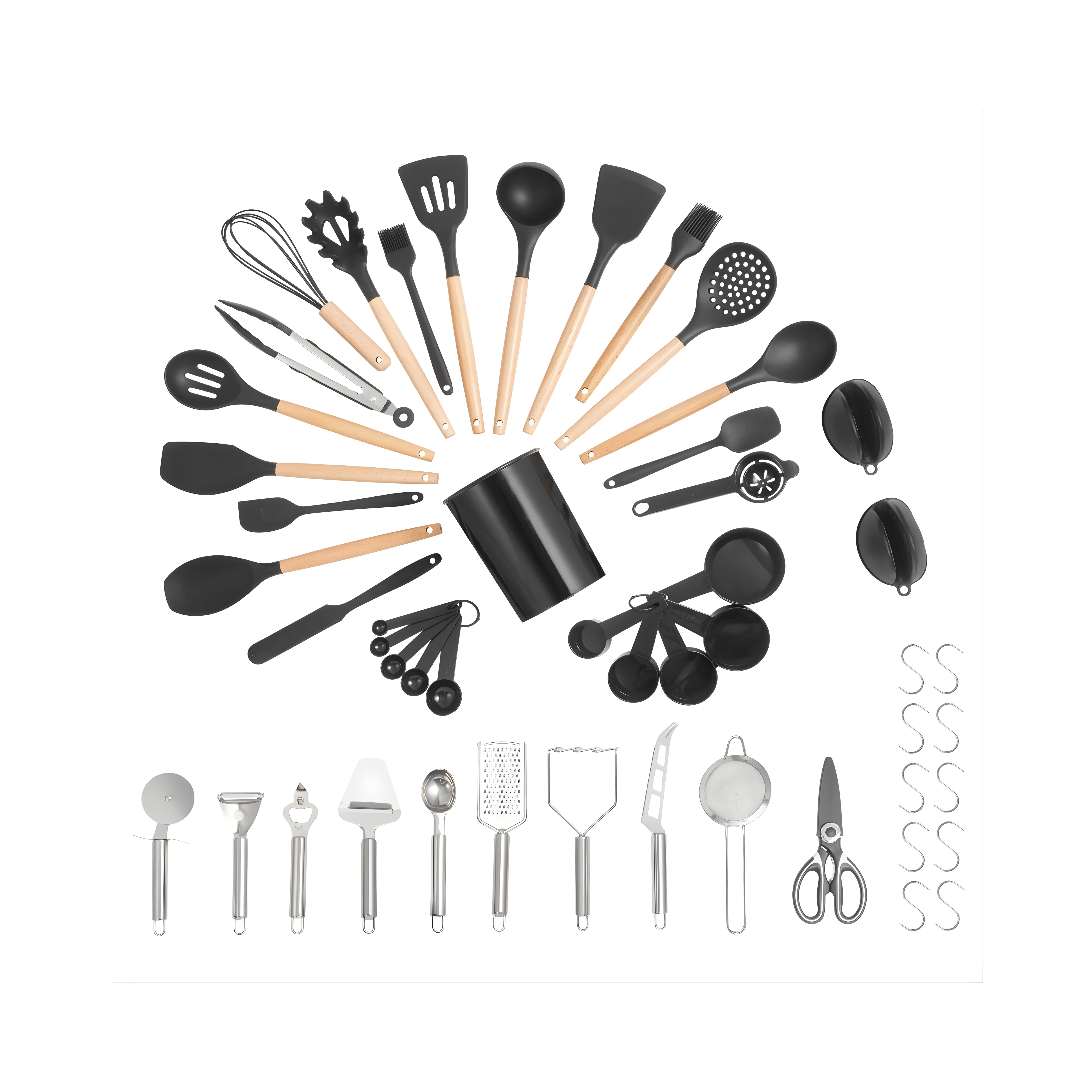 Assorted kitchen utensils including spatulas, ladles, and scissors on a white background