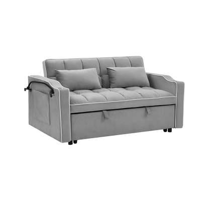 Gray sofa bed with two cushions on a white background