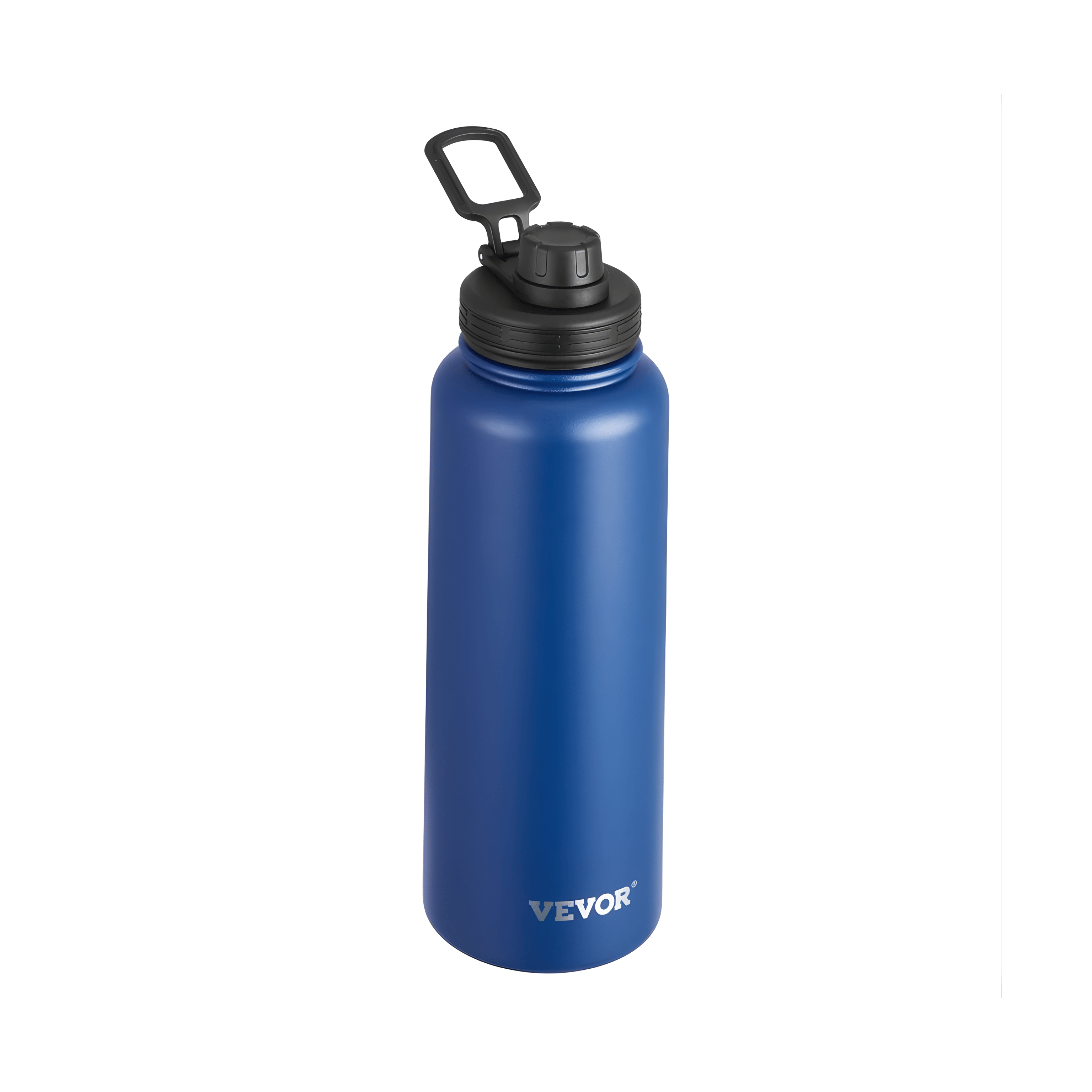 Blue water bottle with black cap on a white background, featuring the Vevor brand.