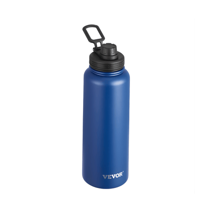 Blue water bottle with black cap on a white background, featuring the Vevor brand.