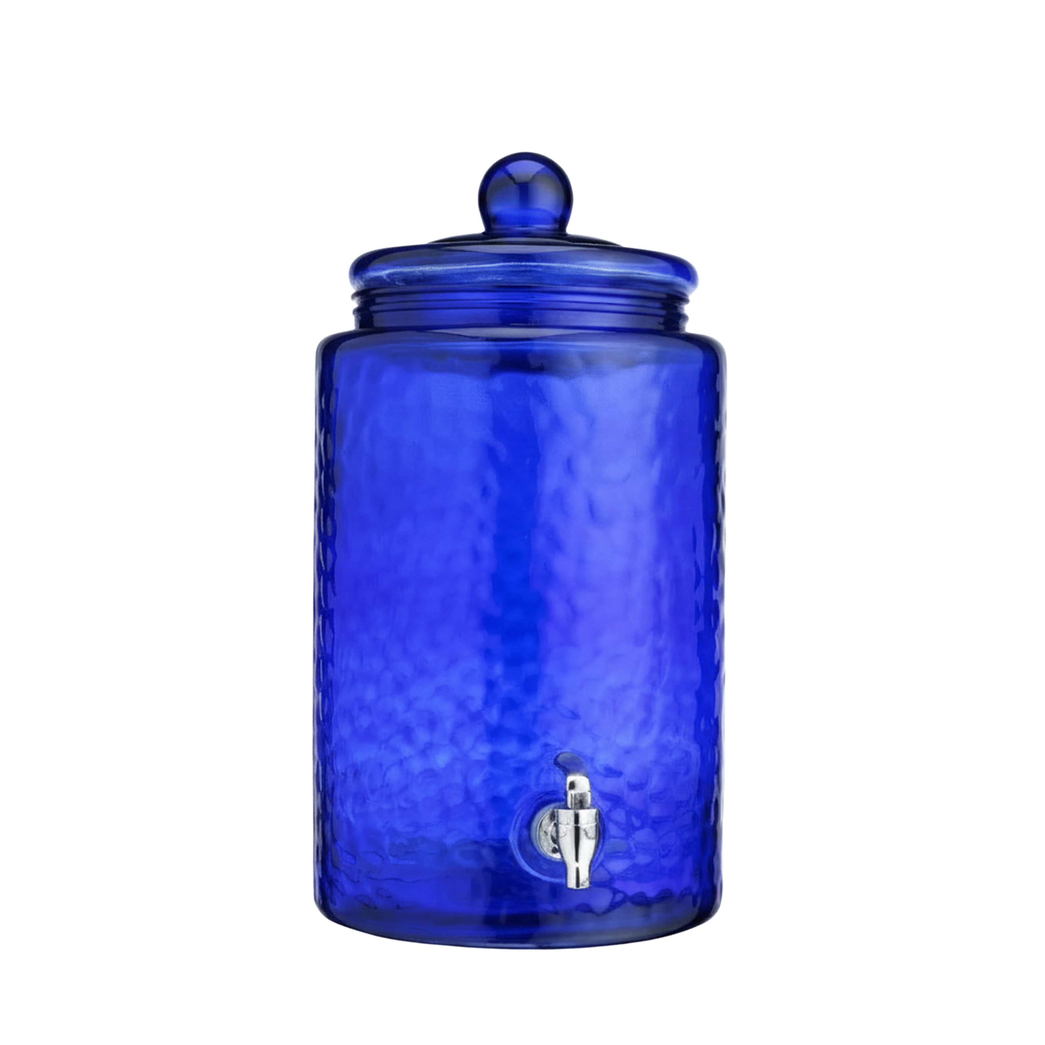 Blue glass drink dispenser with a tap on a white background