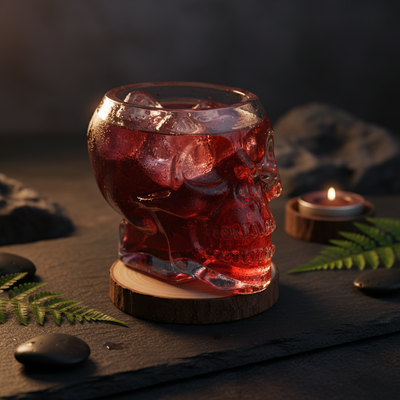 A skull-shaped clear glass tumbler filled with red liquid and ice, resting on a round wooden coaster on a dark stone surface with a lit candle and green leaves in the background.