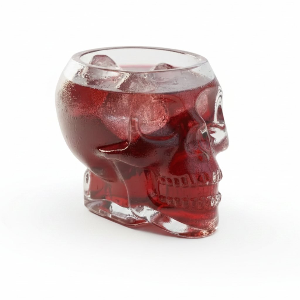 A skull-shaped clear glass tumbler filled with a deep red drink and ice, photographed on a clean white studio background.