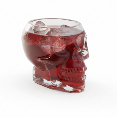A skull-shaped clear glass tumbler filled with a deep red drink and ice, photographed on a clean white studio background.